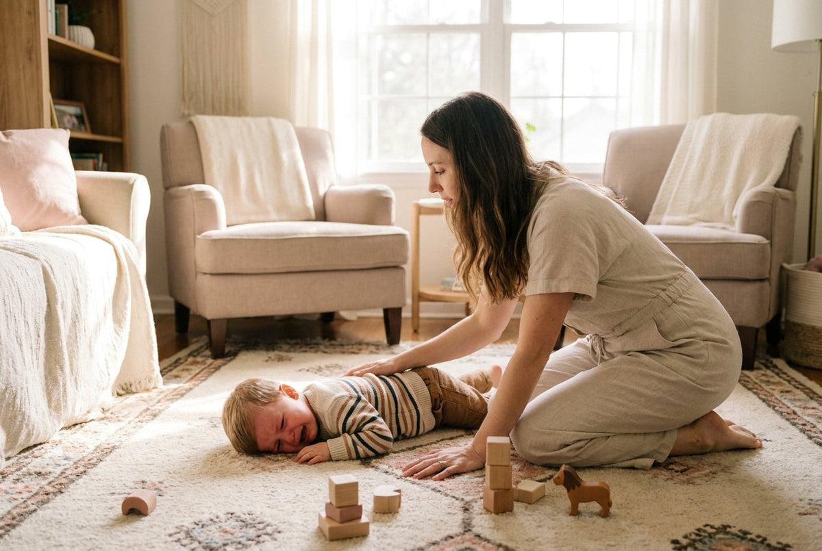 A mother kneeling calmly beside her toddler, who is crying on the living-room rug during a tantrum