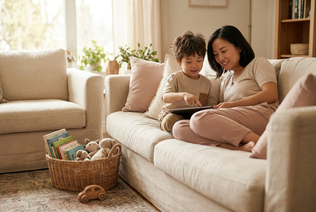 A mother and her young son sitting together on the sofa, looking at a tablet together